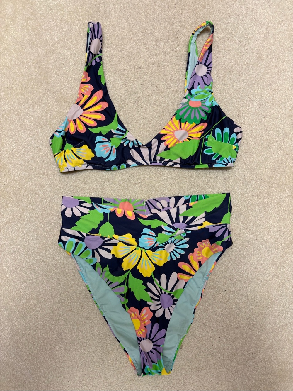aerie Floral High-Waist Bikini Set in Navy Multicolor
